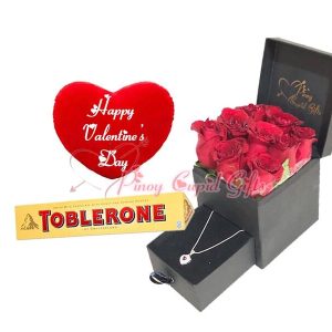 Red Roses with a beautiful Heart Silver Necklace, Toblerone Chocolate, Valentines Pillow
