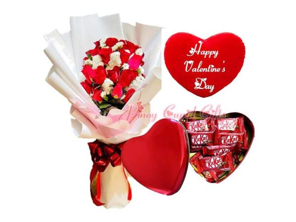 2 dozen roses bouquets, Mini KitKat chocolates in heart box, valentines pillow