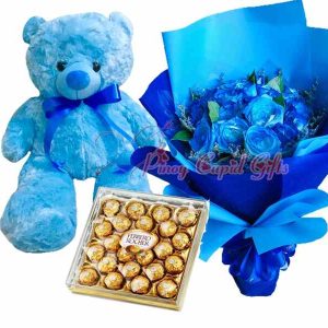 1 dozen blue roses, 2ft teddy bear, 24pcs ferrero chocolates