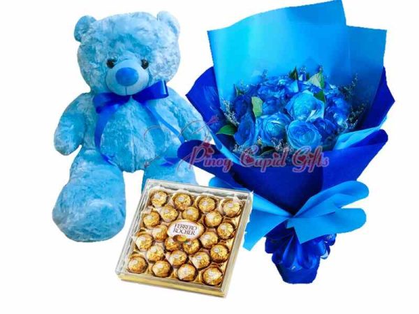 1 dozen blue roses, 2ft teddy bear, 24pcs ferrero chocolates