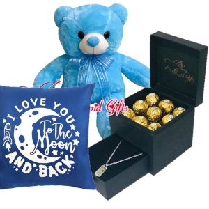 Ferrero Chocolate & Dog Tag Necklace, 22" Teddy bear, message pillow