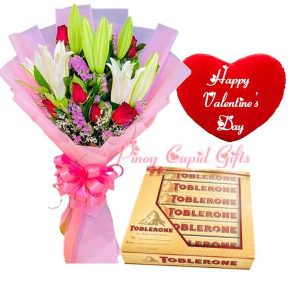 Roses & Stargazers Bouquet, Toblerone Gift Pack, Valentines Pillow