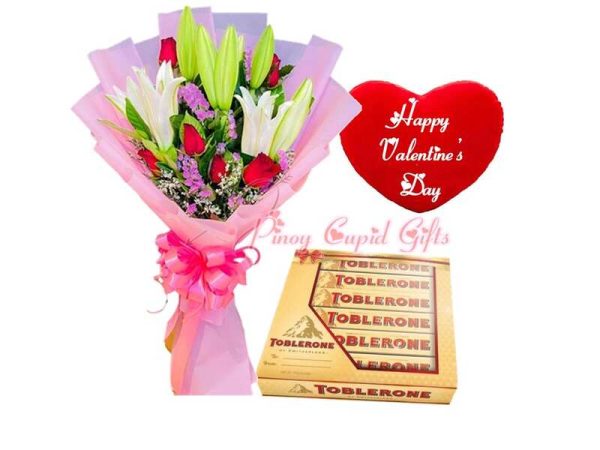Roses & Stargazers Bouquet, Toblerone Gift Pack, Valentines Pillow
