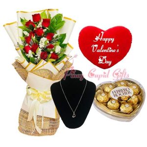 1 dozen red roses, heart ferrero chocolate, open heart necklace, valentines pillow