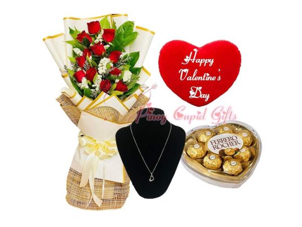 1 dozen red roses, heart ferrero chocolate, open heart necklace, valentines pillow