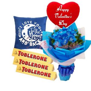 1 dozen blue roses, toblerone chocolate, message pillows