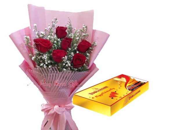 6 Roses Bouquet and toblerone gift bundle 6x100g