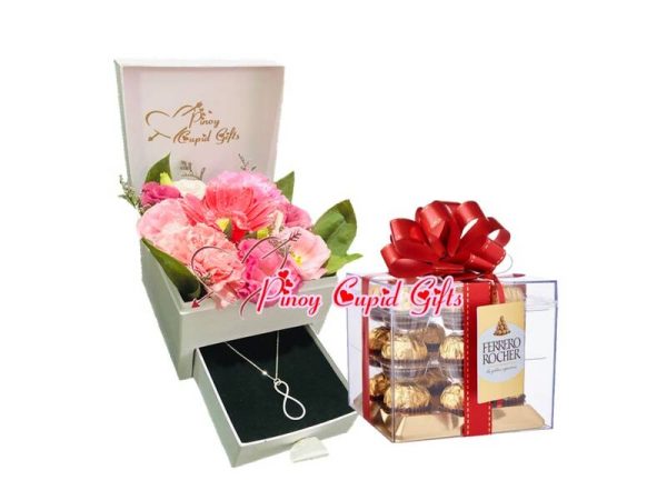 Mixed Flowers with 925 Silver Infinity Necklace & Ferrero Cube Gift Box Set-18pcs