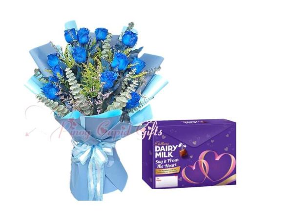 1 Dozen Blue Roses & Cadbury Valentine Gift Box 750g