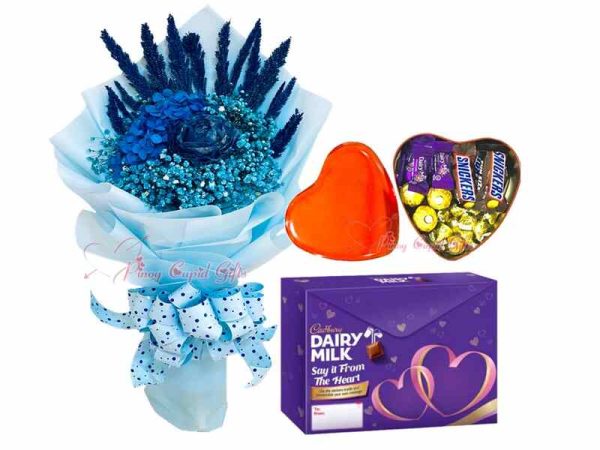 blue dried flower bouquet, cadbury gift pack, assorted chocolate heart box