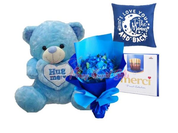 1 dozen blue roses, blue 15" teddy bear,merci chocolates & message pillow