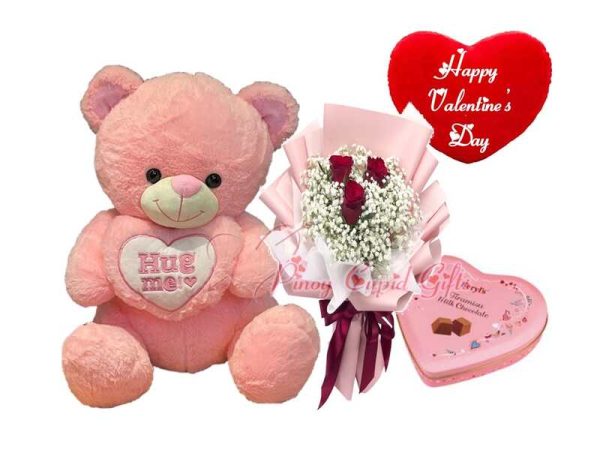 3 red roses, Beryl's Tiramisu milk chocolates, teddy bear, valentine pillow
