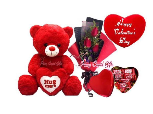 3 red roses, 15" teddy bear, KitKat choco, and Valentines pillow