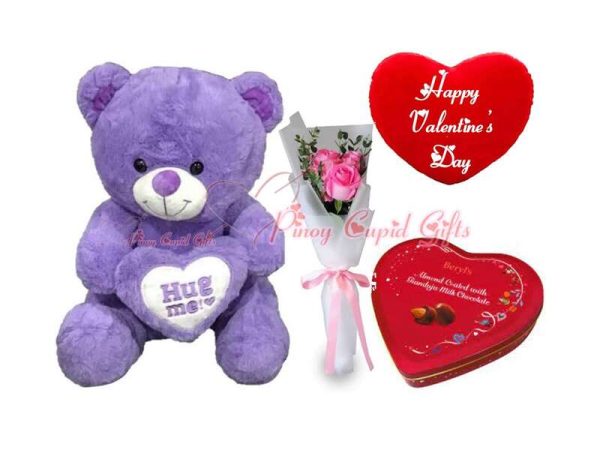 3 pink roses, Beryl's Chocolates,15 inch teddy bear, valentines Pillow