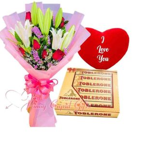 Stargazers & roses bouquet, toblerone gift pack, I love you pillo
