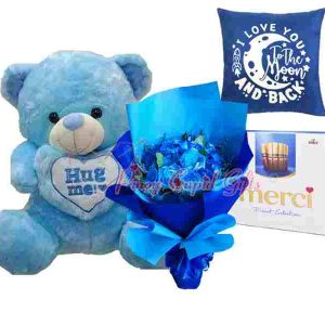 20 inches blue bear, 1 dozen blue roses, chocolate & message pillow