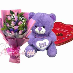 20 inches purple bear, imported purple roses, heart chocolate