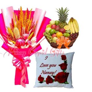 Dried/Preserved Bouquet, Big Fruit Basket, and Message Pillow