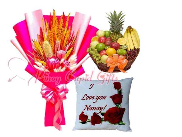 Dried/Preserved Bouquet, Big Fruit Basket, and Message Pillow