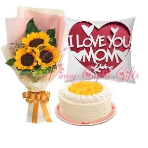 3pcs Sunflower Bouquet, Mango Sunrise Cake, Message Pillow