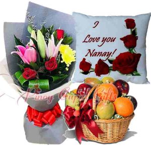 Mixed Flower Bouquet, Fruit Basket, and Message Pillow
