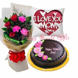 Roses/Carnation Mixed Bouquet, Goldilocks Mother's Day Cake, Message Pillow