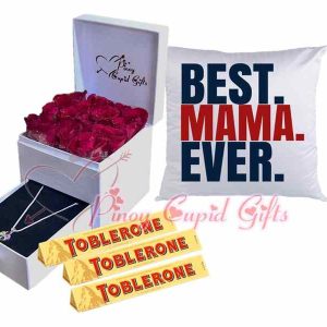 Roses & necklace in Gift Box, Toblerone Chocolate, & Message pillow