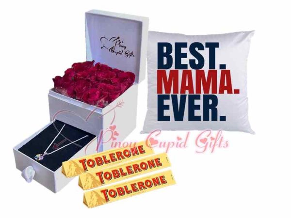 Roses & necklace in Gift Box, Toblerone Chocolate, & Message pillow