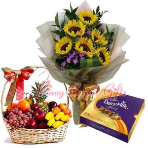 5 pcs Sunflower Bouquet, Big Fruit Basket, & Cadbury Chocolate