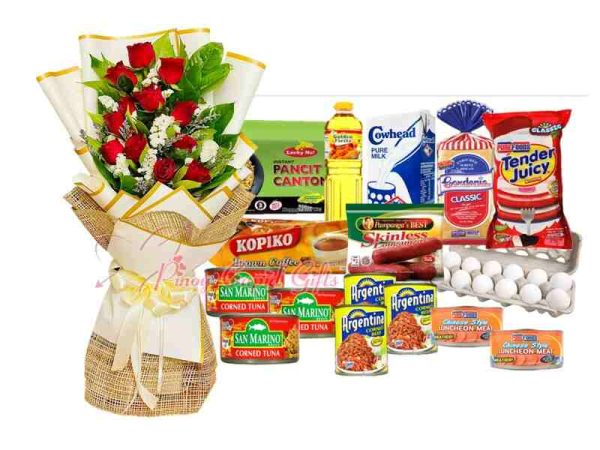 Groceries and Red Roses Bouquet