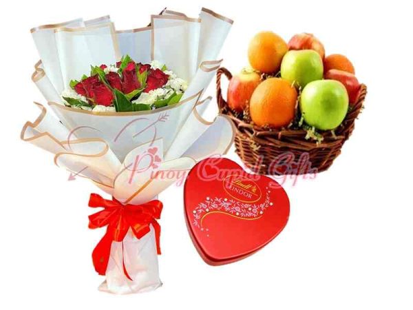 1 dozen roses bouquet, Lindt heart chocolate and fruit basket