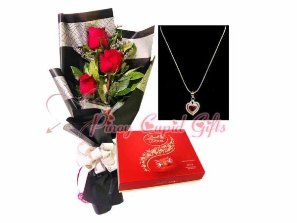 3 Ecuadorian Roses Bouquet, Sterling Silver Necklace and Lindt Truffles