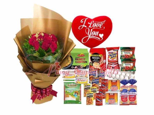 Red Roses bouquet, heart pillow and groceries