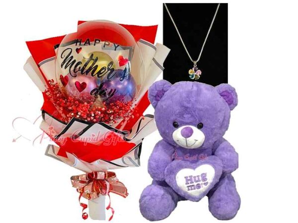 Mother's Day Balloon Bouquet, 20" Teddy Bear, and Sterling Silver necklace