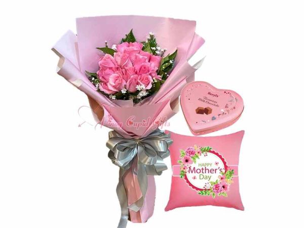 1 dozen roses, heart chocolate, and mother's day pillow