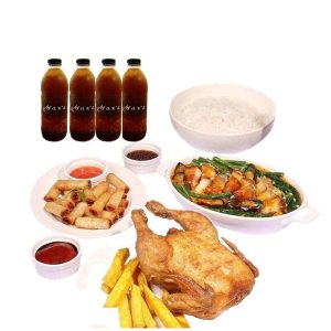 Max's regular whole chicken, lechon kawali kare-kare and shanghai with drinks