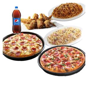 Supreme Large Pan Pizza, Pepperoni & Mushroom Panalo Large Pan Pizza, Family Spaghetti, 8 pieces of WingStreet, Pepsi 1.5L
