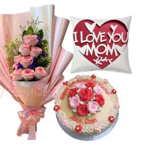 imported roses, Estrel's round cake, and I love you mom pillow