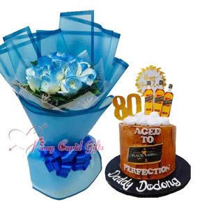 1 dozen blue roses and special customized cake