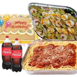 pinoy spaghetti, palabok, dedication cake, coke