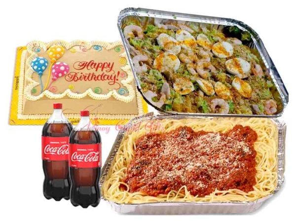 pinoy spaghetti, palabok, dedication cake, coke