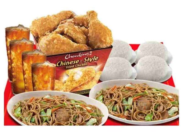 8pc Chowking chicken, 4 cups rice, 4 iced tea, 2 servings of Pancit