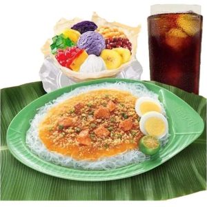 Palabok with extra creamy Halo-Halo smll and drink