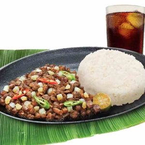 Pork Sisig, rice and Drink