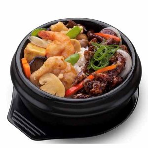 Spicy Seafood & Crunchy Beef Strips with Steamed Rice