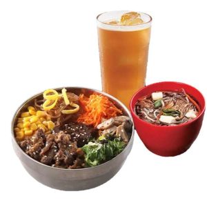 Bibimbowl meal with drinks and soup