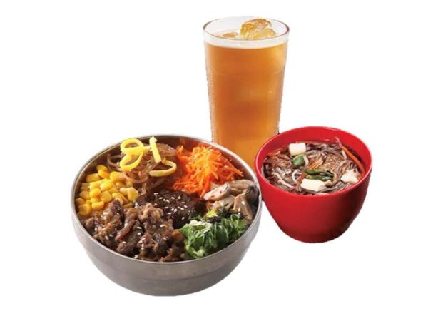 Bibimbowl meal with drinks and soup