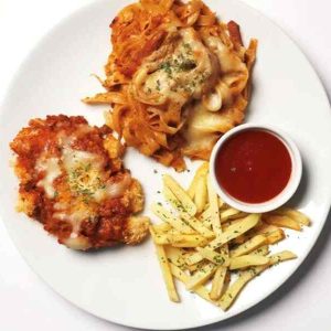 Mix Plate of Chicken Parmiagiano with Pasta & Crispy Fries-Banapple