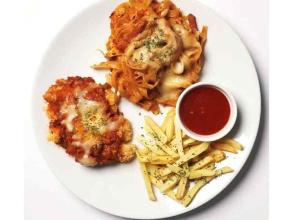 Mix Plate of Chicken Parmiagiano with Pasta & Crispy Fries-Banapple